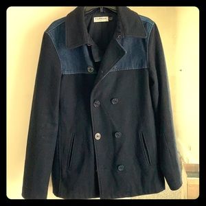 TOPMAN Mens Wool Pea Coat Denim Yoke Navy Blue